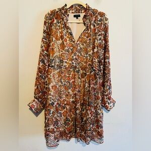 1 State Floral Paisley Gold Lined V-Neck Long Sleeve Midi Dress XL